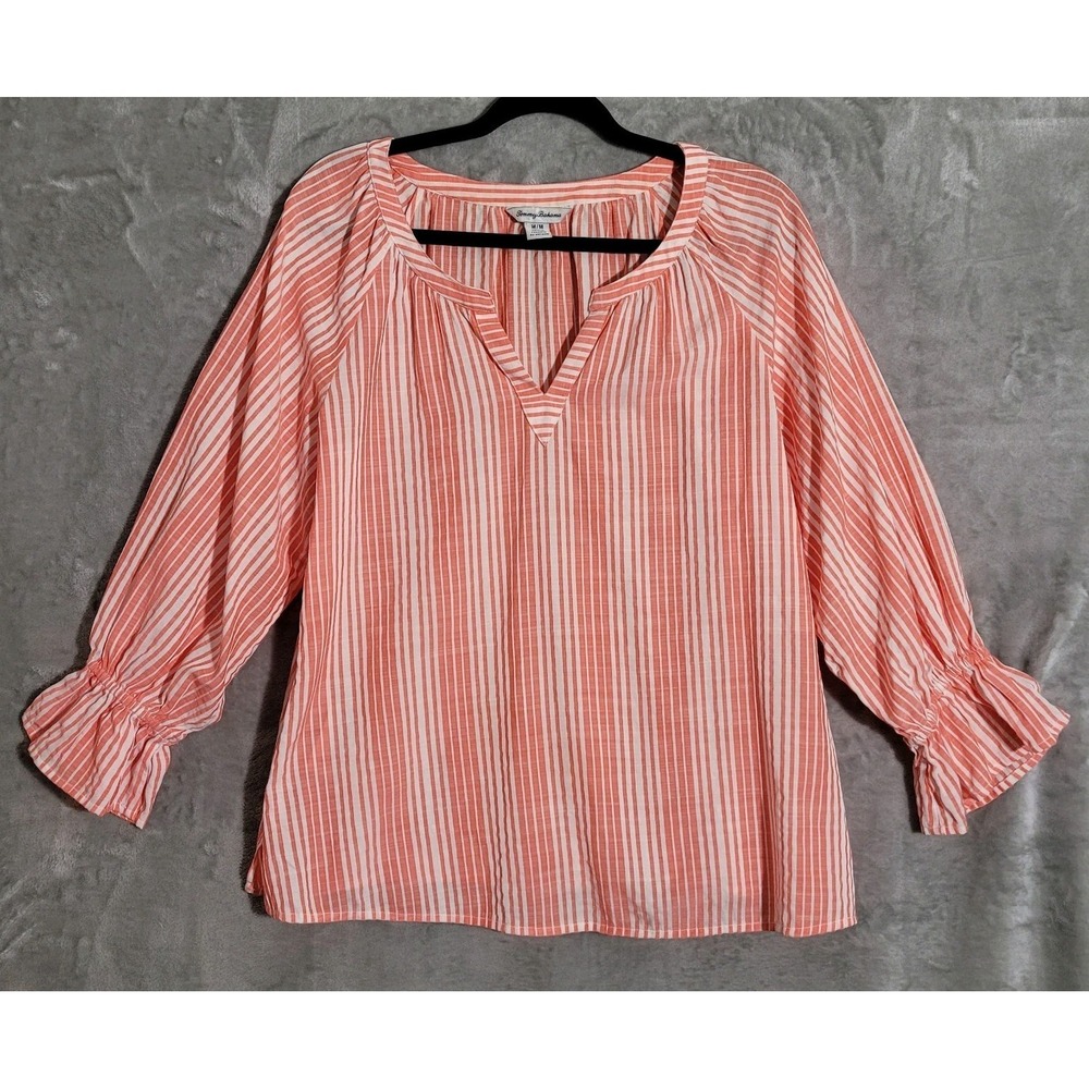Tommy Bahama Blouse Womens M Orange White Striped Balloon Sleeve Tunic Top‎
